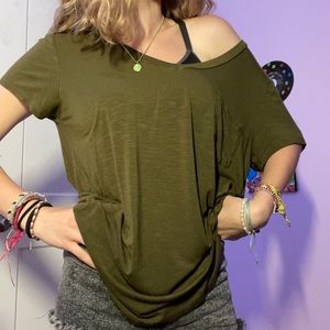 Army green v- neck tee- (can be worn off the shoulder)